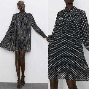 Zara Polka Dot Pleated Babydoll Dress Size S